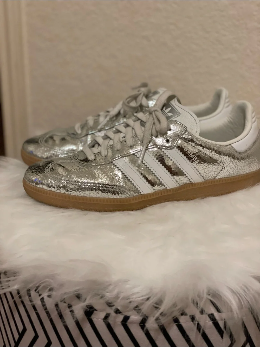 adidas Silver Metallic Samba Sneakers with White Stripes - Picture 5 of 5